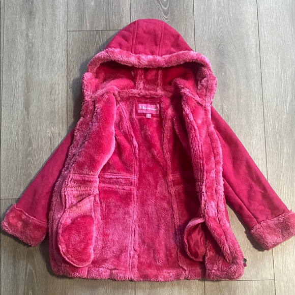 Girls Y2K Kids Pink Hooded Jacket Sz 5 Vegan Suede Leather Warm Winter Long Coat - Picture 4 of 7